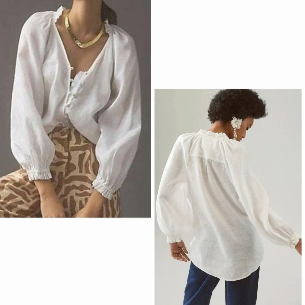 Anthropologie Maeve White Linen Audie Ruffle Puff Long Sleeve Peasant Top- Small